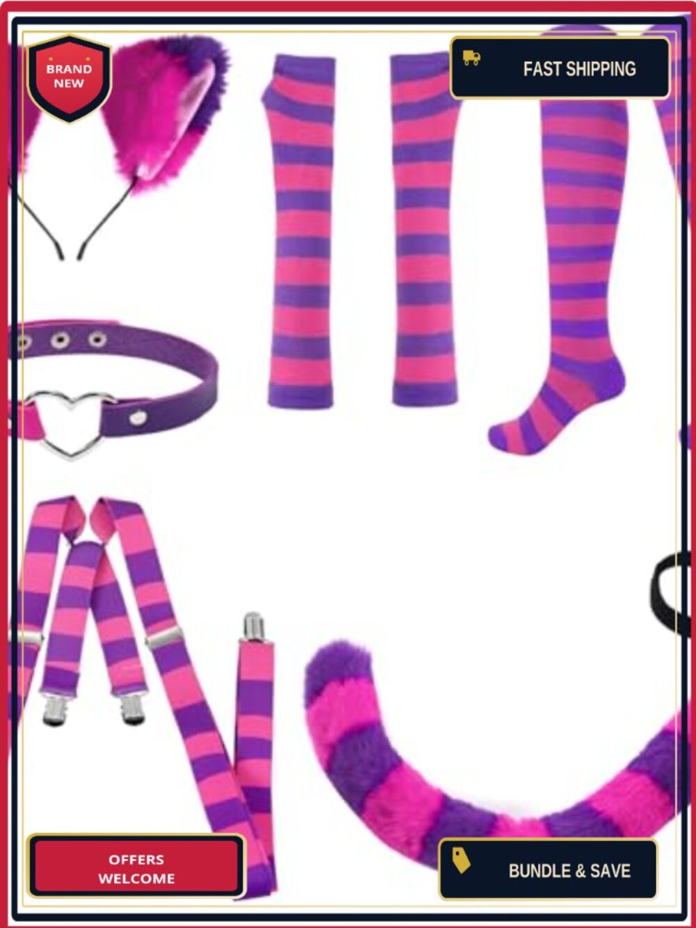 Furry Cat Costume Accessory Set Headband Tail Plush Adults Halloween